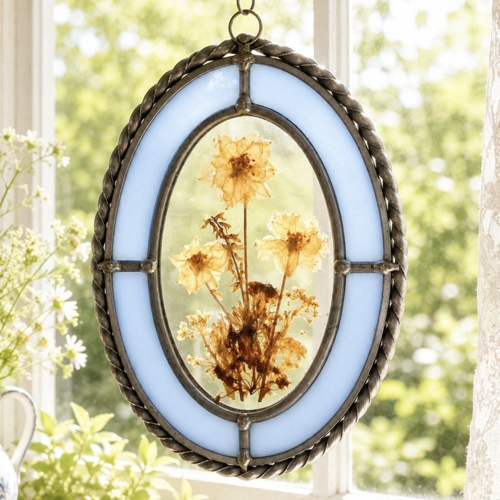 VTG Pressed Flower Glass Suncatcher Leaded Metal Window Hanging Cottage 7.5"